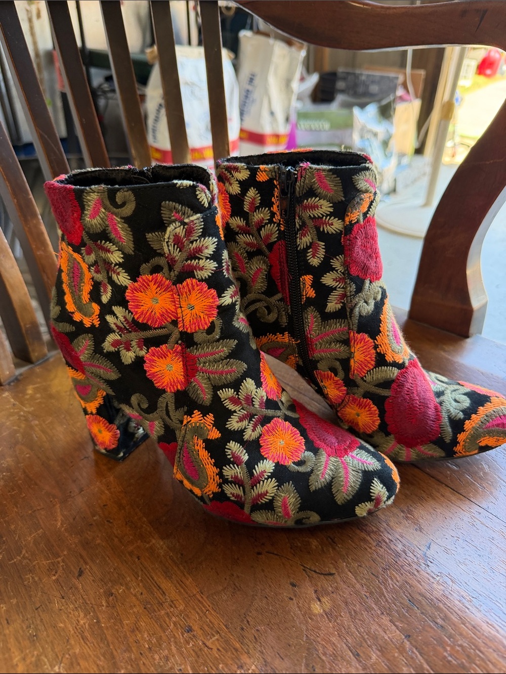 Embroidered Floral Ankle Booties in Black with Red & Orange Accents